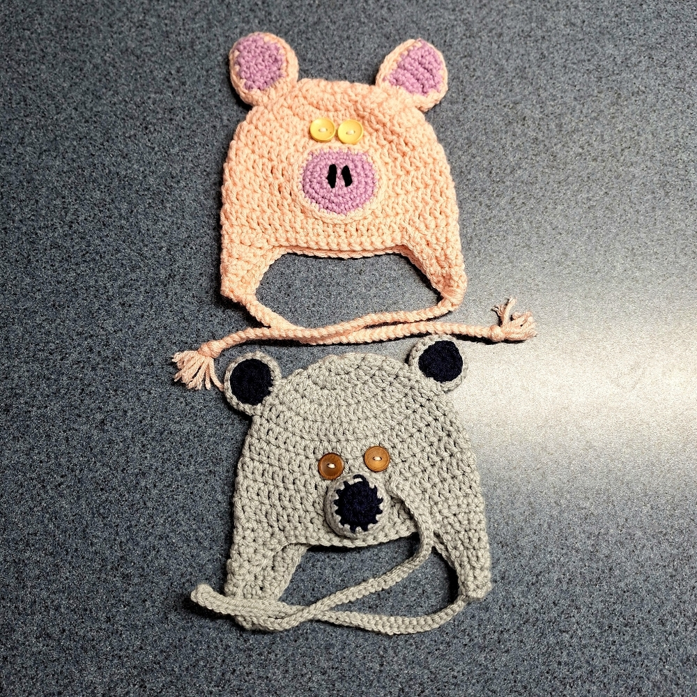 406 Yarn Creations Crocheted Pig & Bear Ear Flap Hats, Size 3-6 Months, NWOT